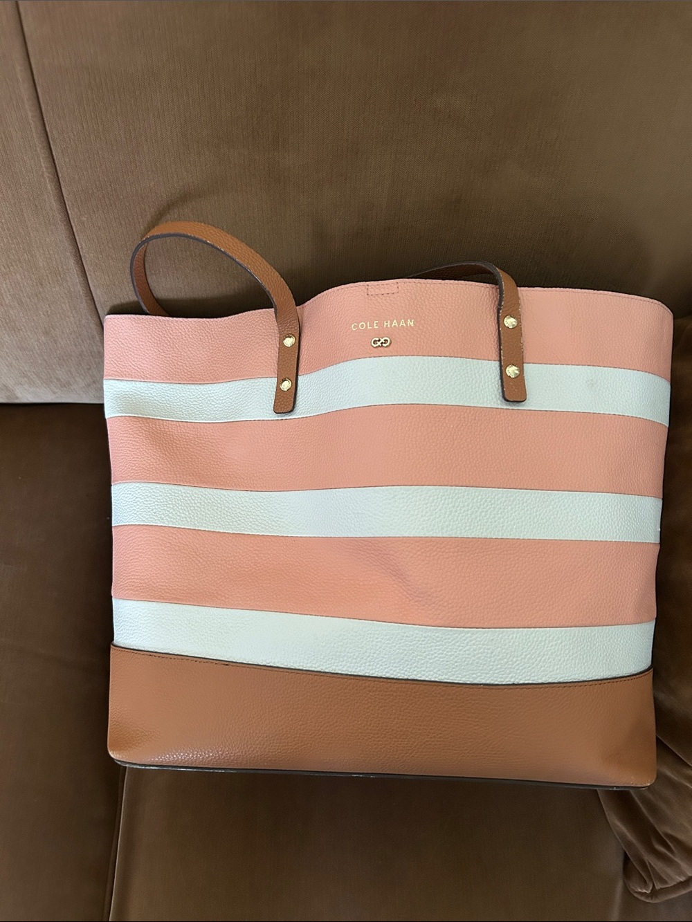 Cole Haan Pink, White & Tan Striped Leather Tote